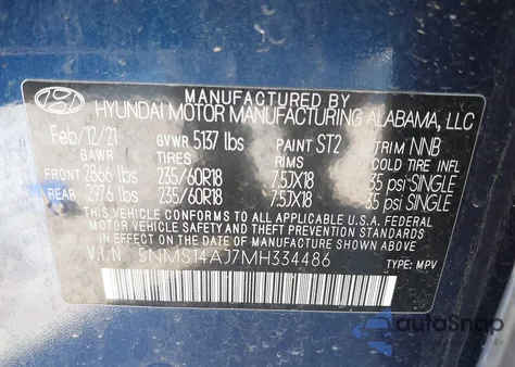 2021 Hyundai Santa Fe Se z USA, uszkodzony, nr VIN 5NMS14AJ7MH334486